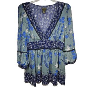 Women's Blue Floral V-Neck Peplum Blouse